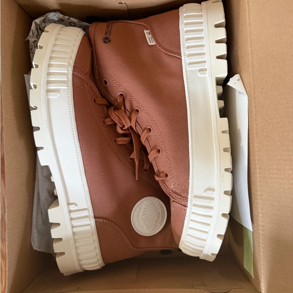 PALLADIUM Canvas High-Top Sneakers in Rust with White Sole NWT